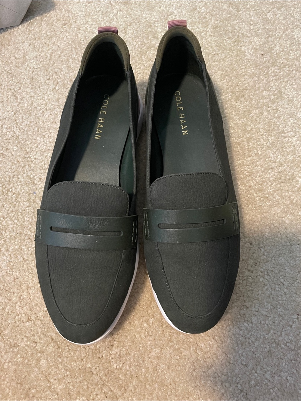 Cole Haan Olive Green Slip-On Penny Loafers with Pink Heel Tab-size-8